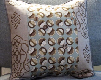 BESPOKE ACCENT PILLOW Cover 17" Square, Midcentury Circles Quatrefoil Glen Plaid Fabrics, Drapery/Upholstery Weight, Wood Buttons Cording