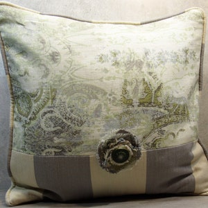 BESPOKE ACCENT PILLOW Covers 18-20 Square, Frayed Flower Embellishment, Custom-Corded, Vtg Button, Blue Gray Sage image 2