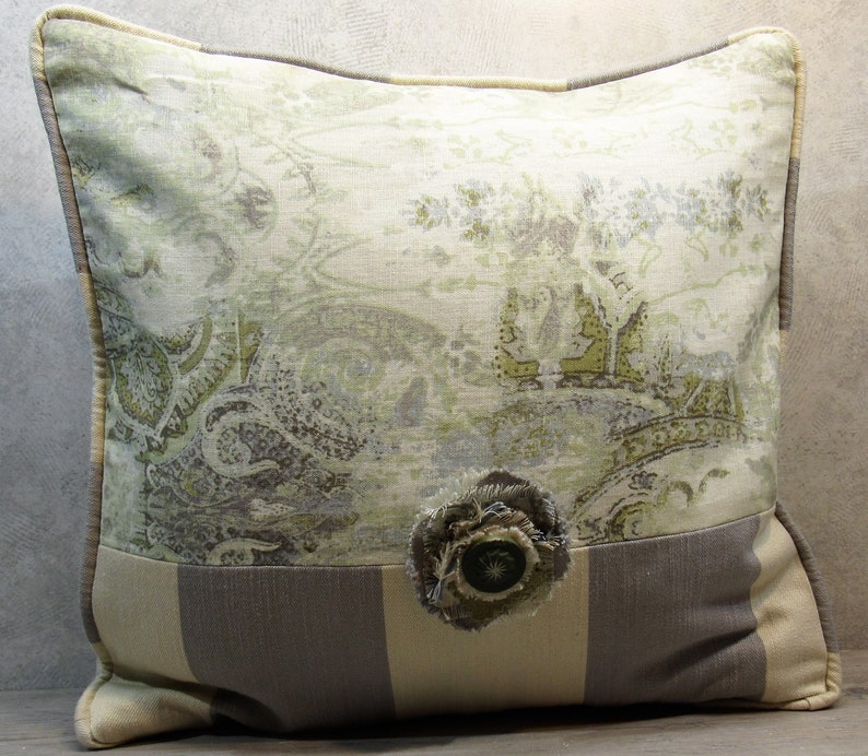 BESPOKE ACCENT PILLOW Covers 18-20 Square, Frayed Flower Embellishment, Custom-Corded, Vtg Button, Blue Gray Sage image 2