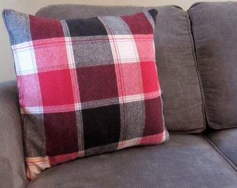 BESPOKE ACCENT PILLOW Cover 18" Square, Pendleton Plaid Wool Front in Red/Black/Ivory/Gray Buffalo Plaid, Linen Back