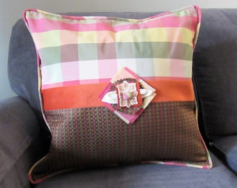 Choice of 2 Matching BESPOKE ACCENT PILLOW Covers 18" Square, Frayed Flower Embellishment, Custom-Corded, Velvet Band