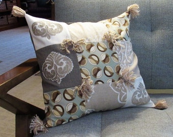 BESPOKE ACCENT PILLOW Cover 16" Designer Drapery/Upholstery Fabric Checkerboard of Retro Circles Quatrefoils Fleur de lis, Linen/Cotton