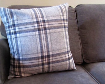 BESPOKE ACCENT PILLOW Cover 18" Square, Pendleton Plaid Wool Front in Gray/Navy/Brown/Ivory Plaid, Linen Back, Menswear-Style