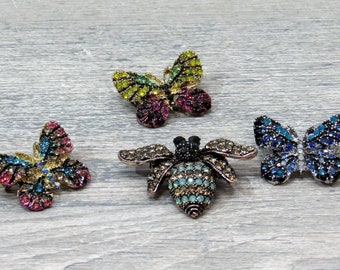 Choice of VTG BUG PINS Brooches, Blue/Silvertone Bee, Blue/Silvertone Butterfly, Pink/Goldtone Butterfly, Yellow/Purple/Goldtone Butterfly