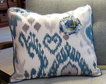 BESPOKE ACCENT PILLOW Cover 18" Square, Teal & Gray Ikat, Striped Jacquard Cording, Frayed Flower Embellishment, Linen/Cotton Drape/Uph Wgt