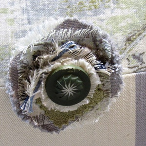 BESPOKE ACCENT PILLOW Covers 18-20 Square, Frayed Flower Embellishment, Custom-Corded, Vtg Button, Blue Gray Sage image 4