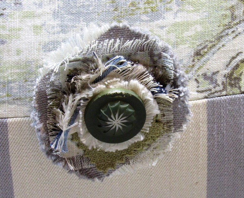 BESPOKE ACCENT PILLOW Covers 18-20 Square, Frayed Flower Embellishment, Custom-Corded, Vtg Button, Blue Gray Sage image 4