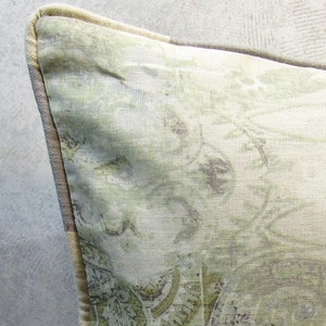 BESPOKE ACCENT PILLOW Covers 18-20 Square, Frayed Flower Embellishment, Custom-Corded, Vtg Button, Blue Gray Sage image 6