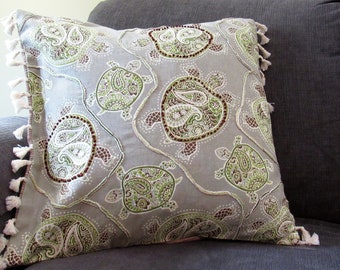 BESPOKE ACCENT PILLOW Cover 18" Square, Waverly Tranquil Turtle Fossil Front With Hand-Embroidered Embellishment, Tassel Edge