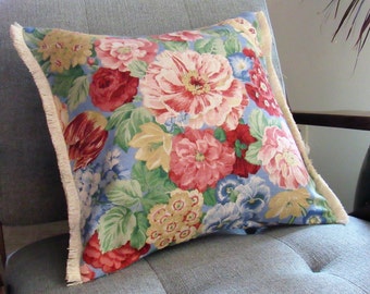 Choice of 2 Matching BESPOKE ACCENT PILLOW Covers 18" Square, Floral Front, Geometric Back, Brush Fringe Edge