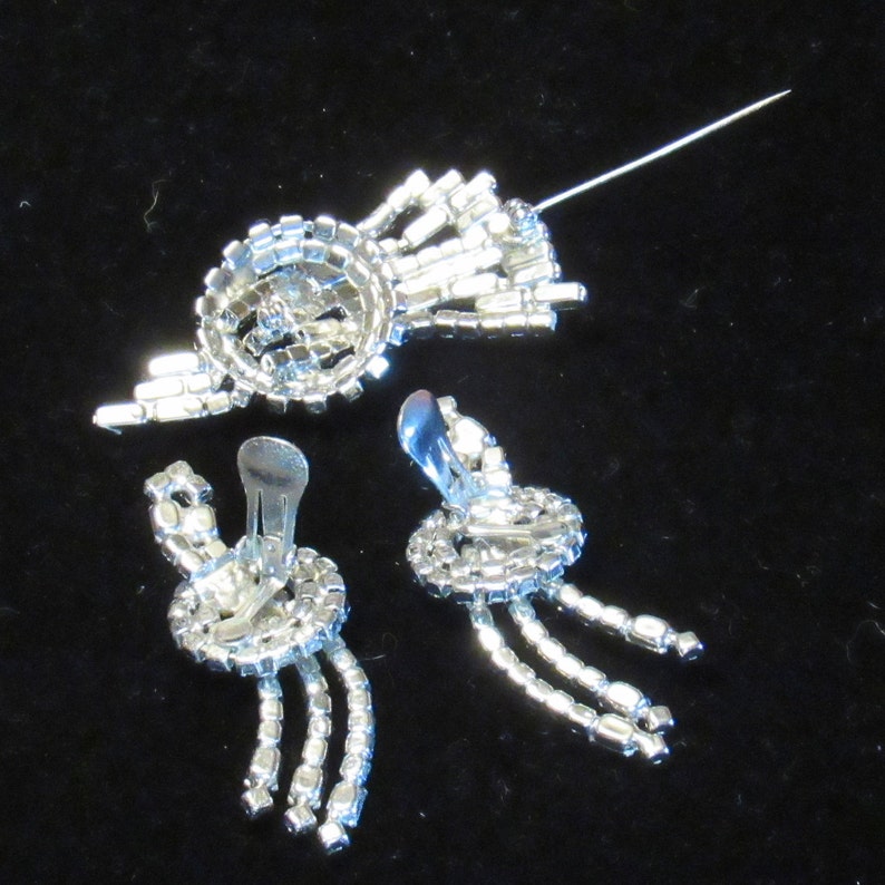 Vtg SET of BROOCH & EARRINGS or Shoe Clips High End Baguette Round Rhinestones in Silvertone image 6