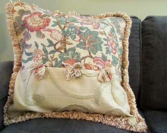 Choice of 2 BESPOKE ACCENT PILLOW Cover 20" Square, Ralph Lauren Maribel Floral & Crewel Work Solid, Brush Fringe, Bespoke Embellishment