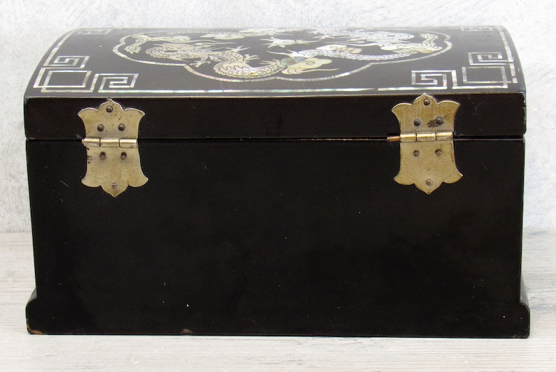 Mirrored Lid 2 Drawers Inlaid AbaloneMother of Pearl in DragonBirdGreek Key Designs Silk-Lined VTG Chinese JEWELRY BOX