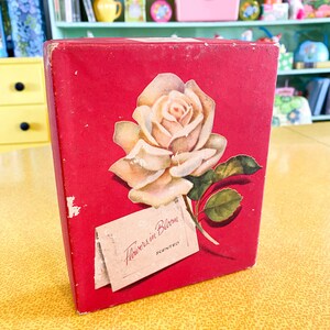 Vintage Blumen Grußkarte Box Blumen in Blüte duftend Alle Gelegenheit Retro 1950er 1960er Jahre Urlaub Dekoration Rote Rose