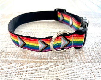 Progress  Pride Dog Collar, LGBTQ, Handmade Adjustable Dog Collar, Pride Gifts, Rainbow Dog Collar