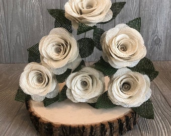 3" burlap ivory flower burlap rose cake decorations wedding bouquets diy floral Ventage flowers table decor centerpiece stem Spring handmade
