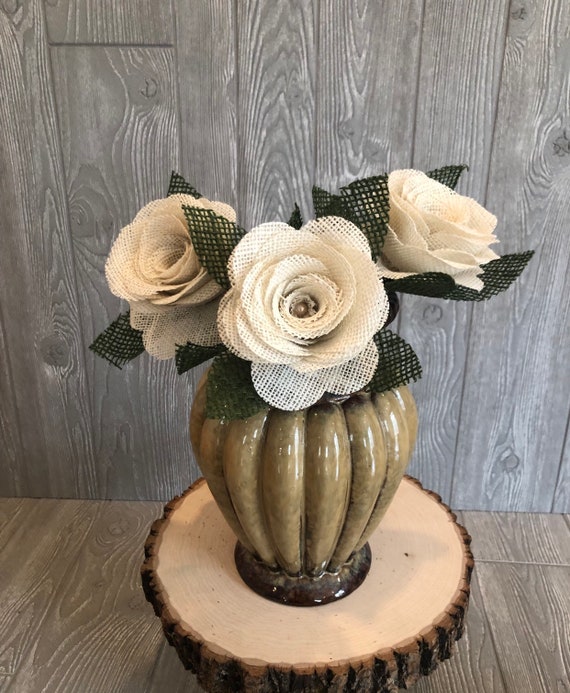 Hessian Roses Ivory on Stems Handmade Wedding Bouquet Vintage Decorations x 6 