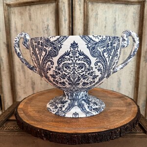 Blue antique decorative plastic planter urn Pastel vase with handle Rustic vintage table centerpiece fall Thanksgiving.