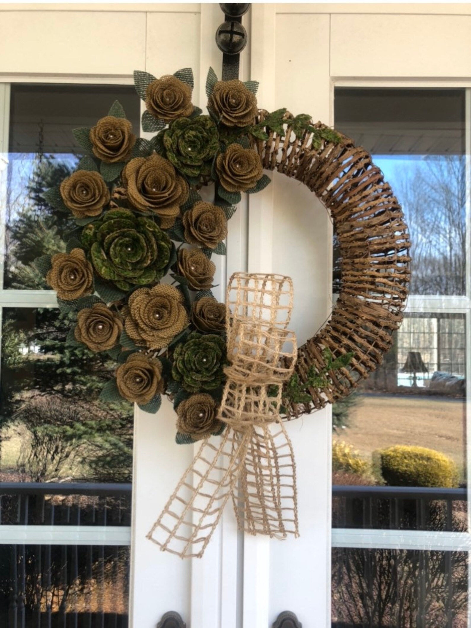 Moss wreath burlap grapevine wreath rustic burlap flower Etsy