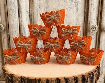 orange Burlap cupcake wrappers, rustic cupcake wrappers, wedding cupcake liners, cupcake holders, cupcake wraps, cupcakes, wedding cupcake