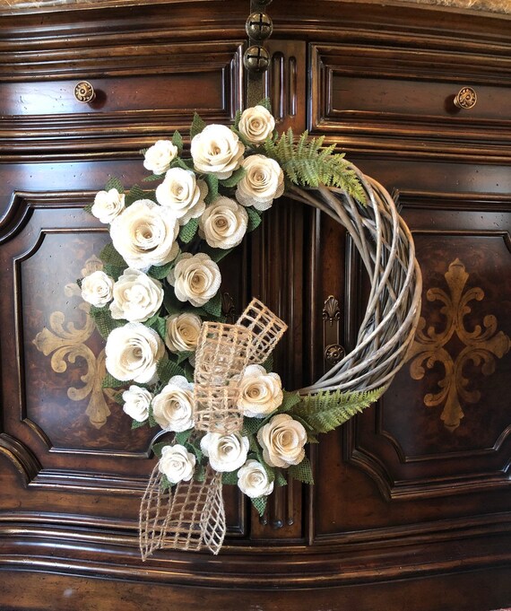 Burlap Rose Wreath Grapevine Wreath Rustic Flower Wreath Etsy