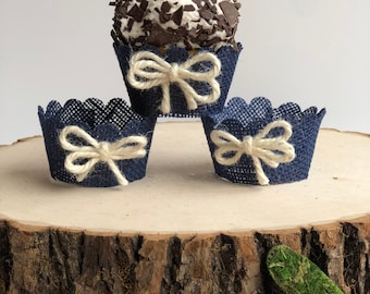 Real Burlap blue cupcake wrappers, rustic cupcake wrappers, wedding cupcake wrappers, cupcake holders, rustic cupcake wraps, vintage.