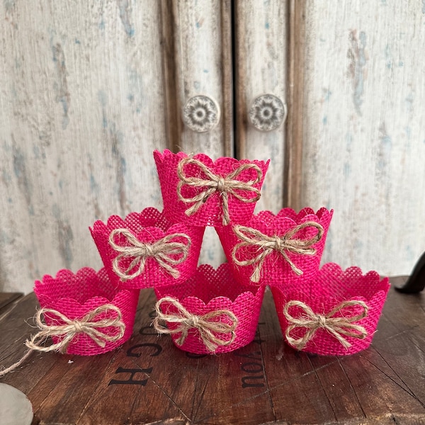 Pink Burlap cupcake wrapper Bow party cupcake supplies 1st birthday fairy princess sweet 16 baby shower bridal shower, wedding, cupcakes.