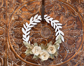 Burlap wood wreath, ivory burlap flower Wreath, door Hangers, neutral wreath,Floral rustic spring destress painted white