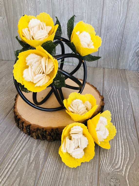 4 Burlap Flower Yellow Burlap Rose Stem Wedding Bouquets Etsy