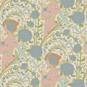 May include: A repeating pattern featuring stylized women with red hair and blue floral headpieces, wearing pink dresses. The design includes large blue flowers, green foliage, and a cream-colored background, creating a vintage aesthetic.