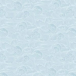 May include: Light blue fabric with a repeating wave pattern. The design features stylized ocean waves in a lighter shade of blue, creating a textured, flowing effect. The fabric is measured in inches.