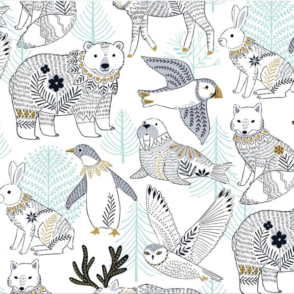 FAT QUARTERS ONLY!! Arctic Winter, Dashwood Studio, Arctic Animals in White with Gold Metallic, Bethan Janine