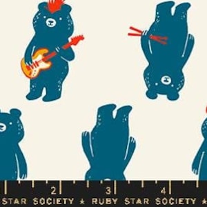 May include: A white background with a repeating pattern of blue bears in various poses. Some bears are wearing headphones, others are playing guitars, and some are upside down. The bears are all outlined in black and have red accents.