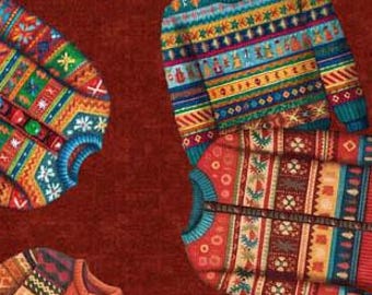 QT Fabrics, Sweater Toss in Brick, Christmas Party Animals, Quilting Treasures, Sold by the HALF Yard