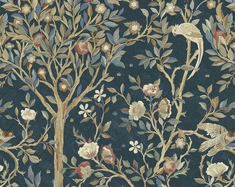 BY THE YARD!! William Morris, Melsetter in Indigo, Free Spirit Fabrics, 24" Repeat, Fruit Trees with Birds, Morris & Co.