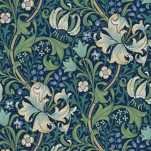 William Morris, Buttermere, Golden Lily in Navy, Morris & Co., Free Spirit, Sold by the HALF Yard image 1