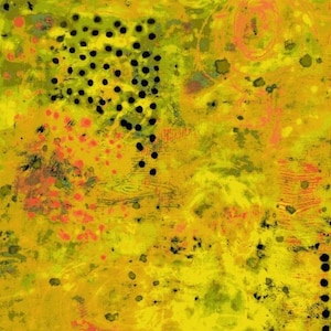 May include: Abstract art print with a yellow, orange, and black color scheme. The print features a variety of shapes and patterns, including dots, circles, and lines.