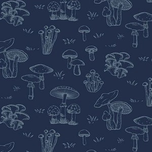 May include: A seamless pattern featuring various types of mushrooms in shades of blue on a dark blue background. The mushrooms are drawn in a simple, hand-drawn style.