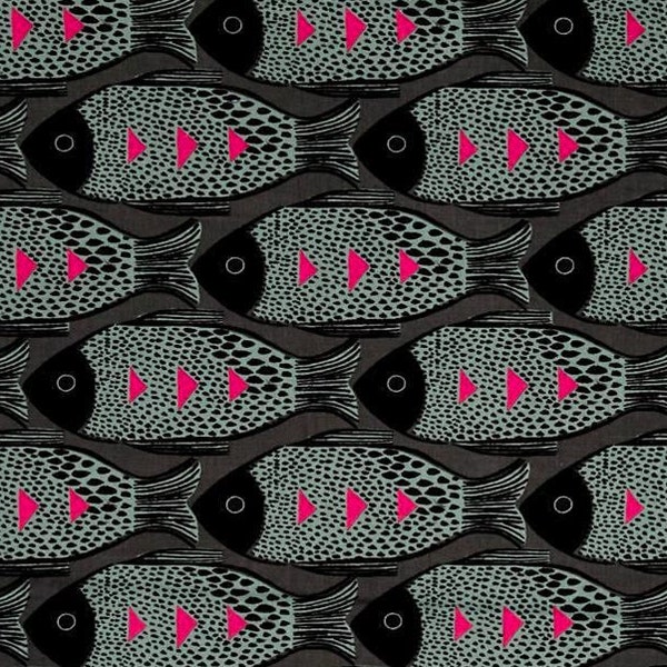 Cotton and Steel Fish in Charcoal by Sarah Watts for the Magic Forest Collection, OOP, Sold by Half Yard