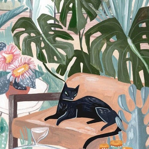 OOP!! Fronds & Felines PANEL, Rae Ritchie, 24&quot; x 44&quot; Vertical Cat Panel, Black Cat, Dear Stella
