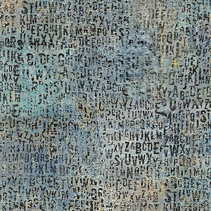 May include: A fabric swatch featuring a distressed blue and grey textured background overlaid with a repeating black alphabet pattern. A white ruler measuring 12 inches is positioned along the bottom edge to show the scale of the print.