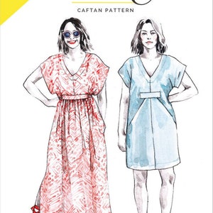 May include: A sewing pattern for a caftan called "Charlie" from Closet Case Patterns. The pattern shows two women wearing different versions of the caftan, one in a red and white print and the other in a light blue.