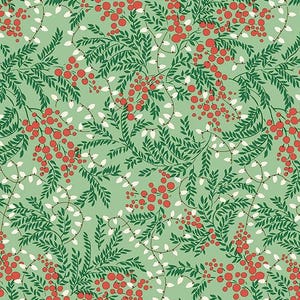 May include: A light green fabric featuring a repeating pattern of dark green fern-like leaves, clusters of small red berries, and thin white string lights. A white ruler measuring 12 inches is visible along the bottom edge of the textile.