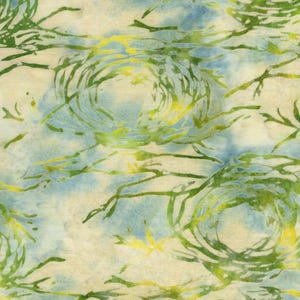 May include: A fabric featuring a batik pattern with circular, swirling green and yellow motifs layered over a mottled, light blue and cream background. The design consists of interconnected, organic lines that create a textured, abstract appearance.