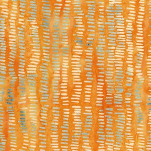 May include: A fabric pattern featuring a vibrant orange background with vertical columns of small, light blue and white horizontal dashes. The design creates a textured, repeating effect across the surface, with subtle variations in color intensity.