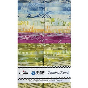 May include: A bundle of 40 fabric strips, each 2.5 inches wide, featuring 20 distinct batik designs in a gradient of blue, yellow, purple, and green. The label reads Lumin Fabrics, Island Batik, and Meadow Brook, noting 2.5 inch strips.