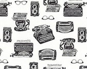 In the Press, Typewriters in White, by Sevenberry, Japanese Fabric, Black and White Fabric, Sold by the Half Yard