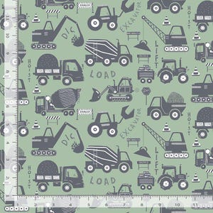 May include: A green fabric with a repeating pattern of construction vehicles in black and white. The vehicles include a cement mixer, a bulldozer, an excavator, a dump truck, and a crane. The fabric also includes the words "HOIST", "LOAD", "DIC", and "EXCAVATOR".