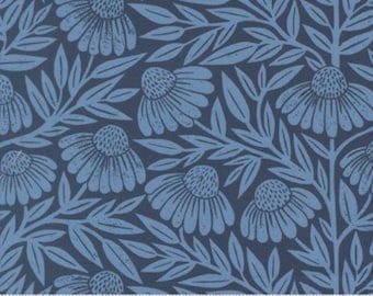 Moda, Garden Series, Echinacea Coneflower in Dusk, Katharine Watson, Navy Quilting Cotton, Sold by the Half Yard