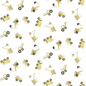 May include: A seamless pattern featuring yellow construction vehicles on a white background. The vehicles include cranes, dump trucks, and cement mixers.